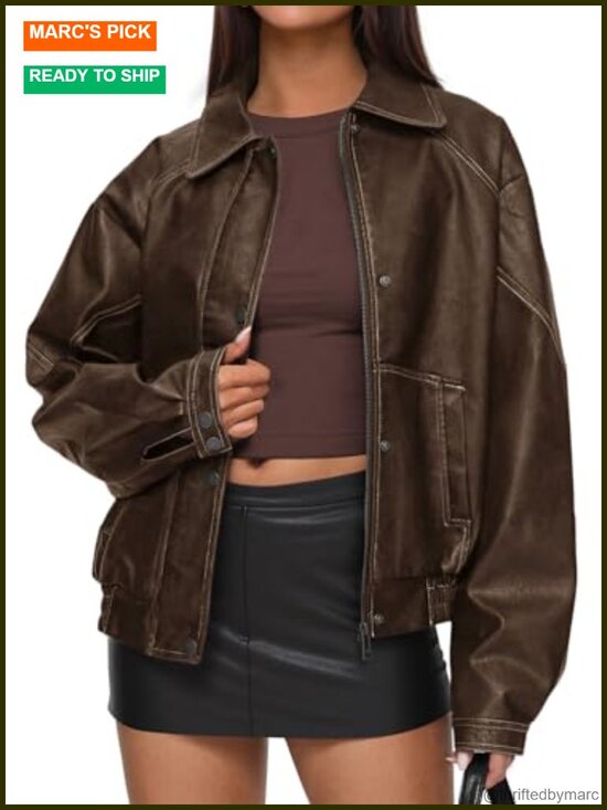 Jackets & Blazers - Faux Leather Motorcycle Bomber Jacket Women Oversized Zip Up Winter Coat